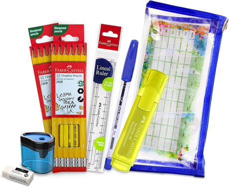 Faber - Castell School Stationery Writing Kit, Graphite pencil 24pcs + Highlighter Yellow + PVC Free Erase + Barreal sharpener + plastic ruler + Ball pen Blue + Clear Pencil Pouch - Al Kabayel Discount CentreFaber - Castell School Stationery Writing Kit, Graphite pencil 24pcs + Highlighter Yellow + PVC Free Erase + Barreal sharpener + plastic ruler + Ball pen Blue + Clear Pencil PouchPens, Pencils & MarkersFABER - CASTELLAl Kabayel Discount Centre