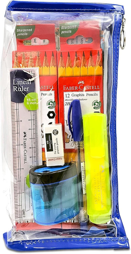 Faber - Castell School Stationery Writing Kit, Graphite pencil 24pcs + Highlighter Yellow + PVC Free Erase + Barreal sharpener + plastic ruler + Ball pen Blue + Clear Pencil Pouch - Al Kabayel Discount CentreFaber - Castell School Stationery Writing Kit, Graphite pencil 24pcs + Highlighter Yellow + PVC Free Erase + Barreal sharpener + plastic ruler + Ball pen Blue + Clear Pencil PouchPens, Pencils & MarkersFABER - CASTELLAl Kabayel Discount Centre