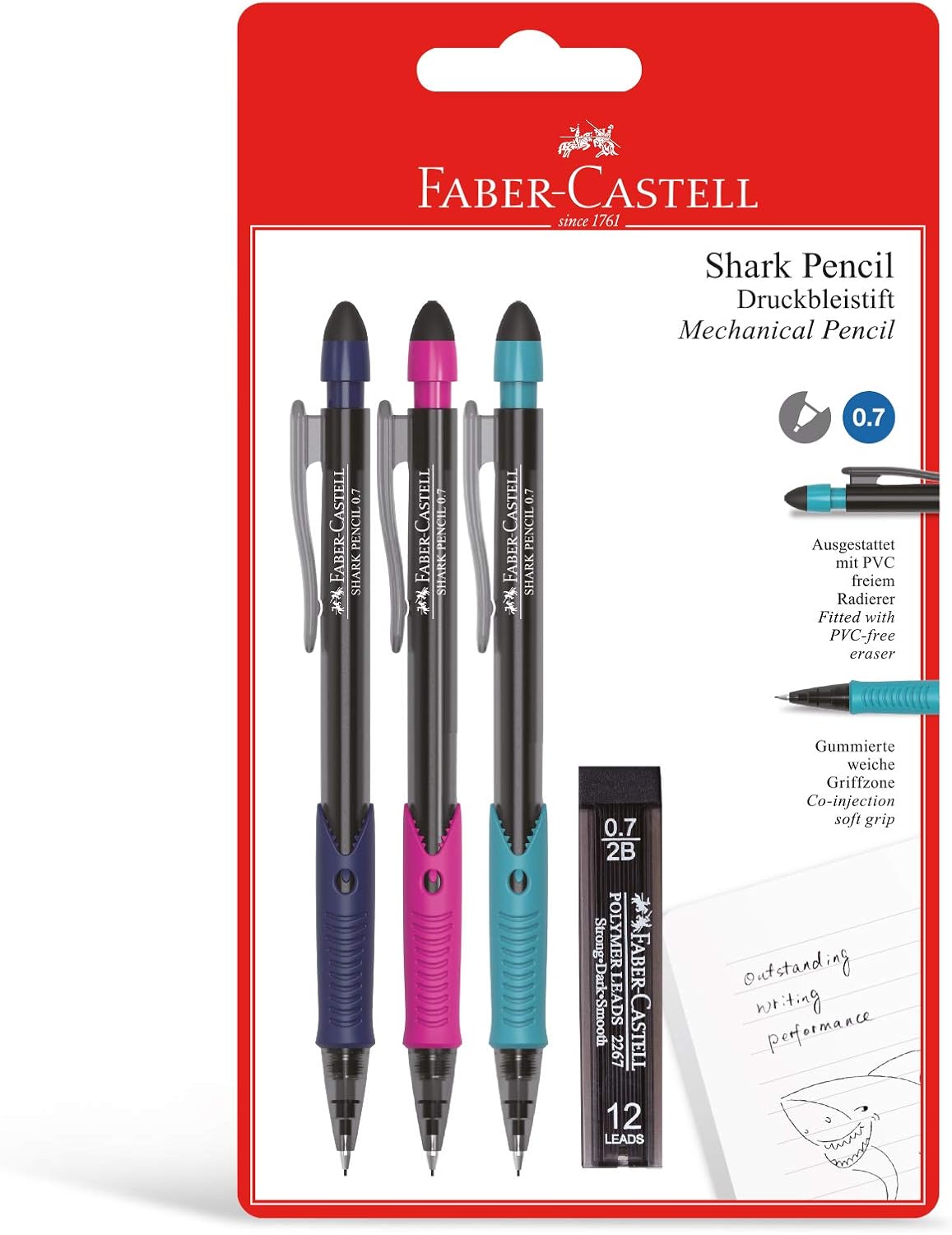Faber - Castell Shark Mechanical Pencil 0.7mm 2B – 3 Assorted Colours + 12 Leads Refill Tube | Soft Rubber Grip - Al Kabayel Discount CentreFaber - Castell Shark Mechanical Pencil 0.7mm 2B – 3 Assorted Colours + 12 Leads Refill Tube | Soft Rubber GripPens, Pencils & MarkersFABER CASTELLAl Kabayel Discount Centre