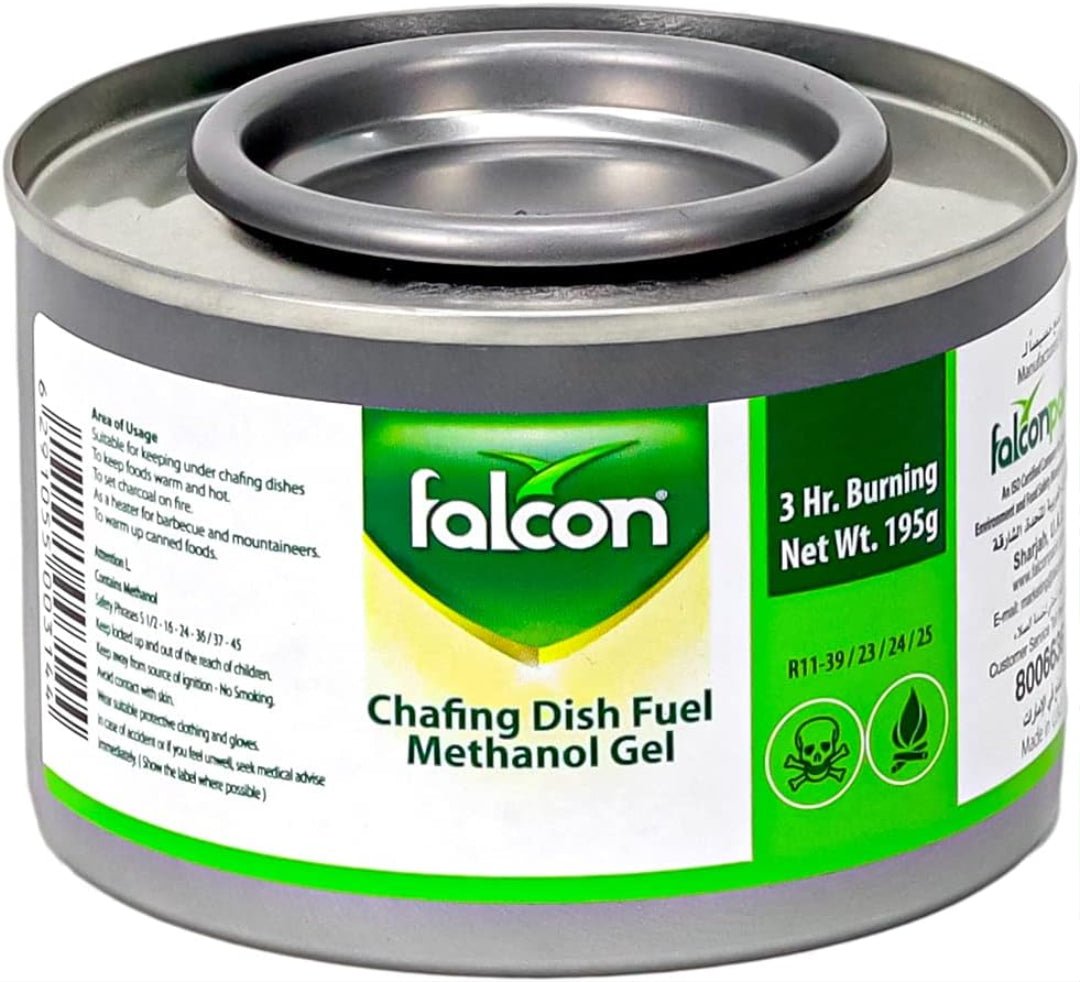 FALCON Chafing Dish Methanol Gel Fuel 195 g | 3-Hour Long Burning Buffet Warmer Can | Easy to Open, Safe & Reliable for Food Heating (Single Pack)