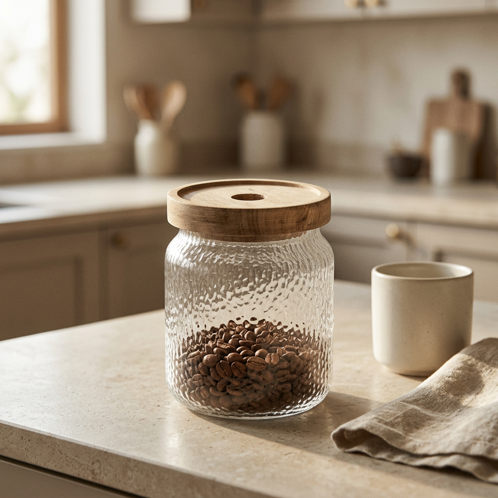 Textured Glass Jar with Wooden Lid - 500ml