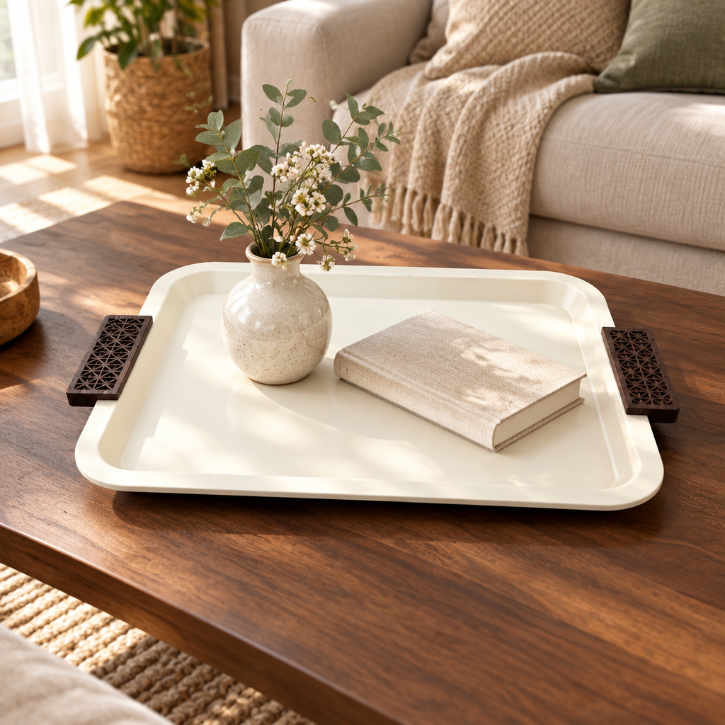 Metal Rectangle Tray with Wooden Handles Cream - 40×30cm