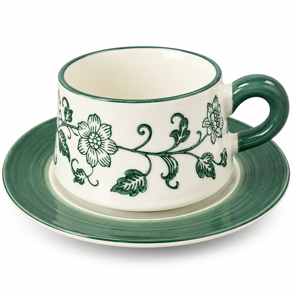 Floral Ceramic Cup and Saucer Set Green & White - 300ml