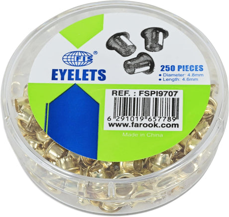 FIS Eyelets Size 4.8Mm Diameter 4.6Mm Length Box Of 250Pcs Gold Color - FSPI9707 - Al Kabayel Discount CentreFIS Eyelets Size 4.8Mm Diameter 4.6Mm Length Box Of 250Pcs Gold Color - FSPI9707Paper Clips, Staples & FastenersFISAl Kabayel Discount Centre