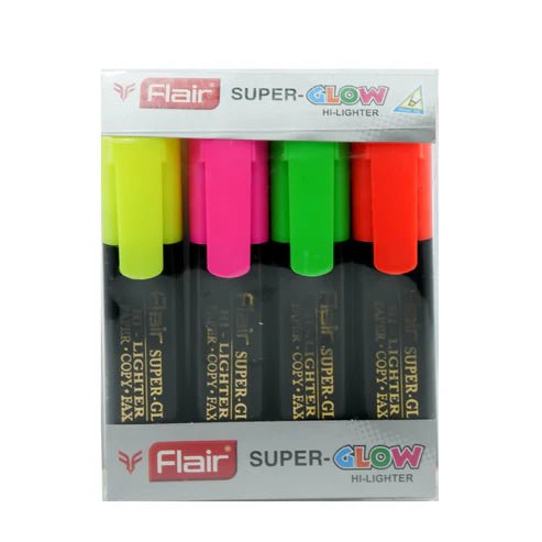 Flair Super Glow 4pcs Highlighter, Available in Fluorescent Colours - Al Kabayel Discount CentreFlair Super Glow 4pcs Highlighter, Available in Fluorescent ColoursPens, Pencils & MarkersFLAIRAl Kabayel Discount Centre