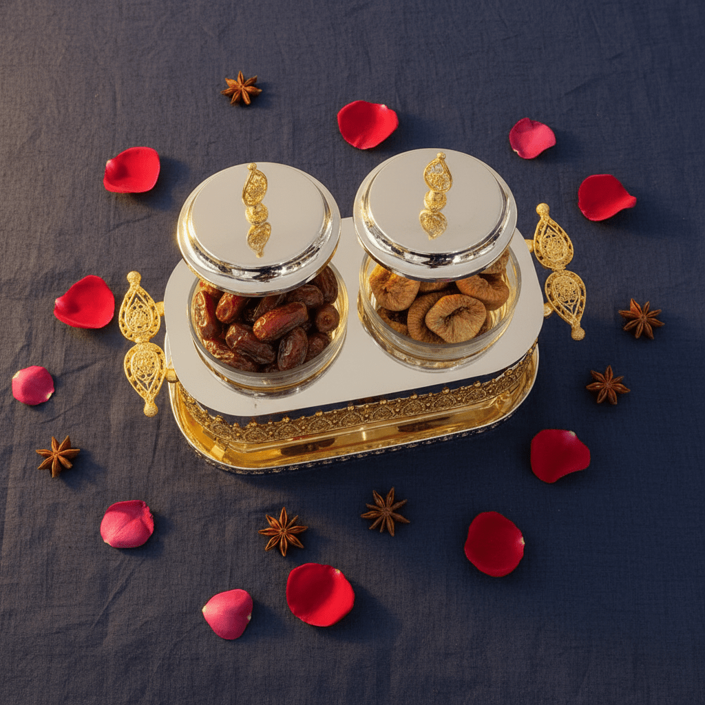 Fursan Luxury 2 - Piece Glass Candy Pot Set with Gold & Silver Metal Holder and Decorative Lids – Elegant Serving Jars for Chocolates Nuts and Dry Fruits 25×16 cm - Al Kabayel Discount CentreFursan Luxury 2 - Piece Glass Candy Pot Set with Gold & Silver Metal Holder and Decorative Lids – Elegant Serving Jars for Chocolates Nuts and Dry Fruits 25×16 cmJars & Food SaversFURSANAl Kabayel Discount Centre