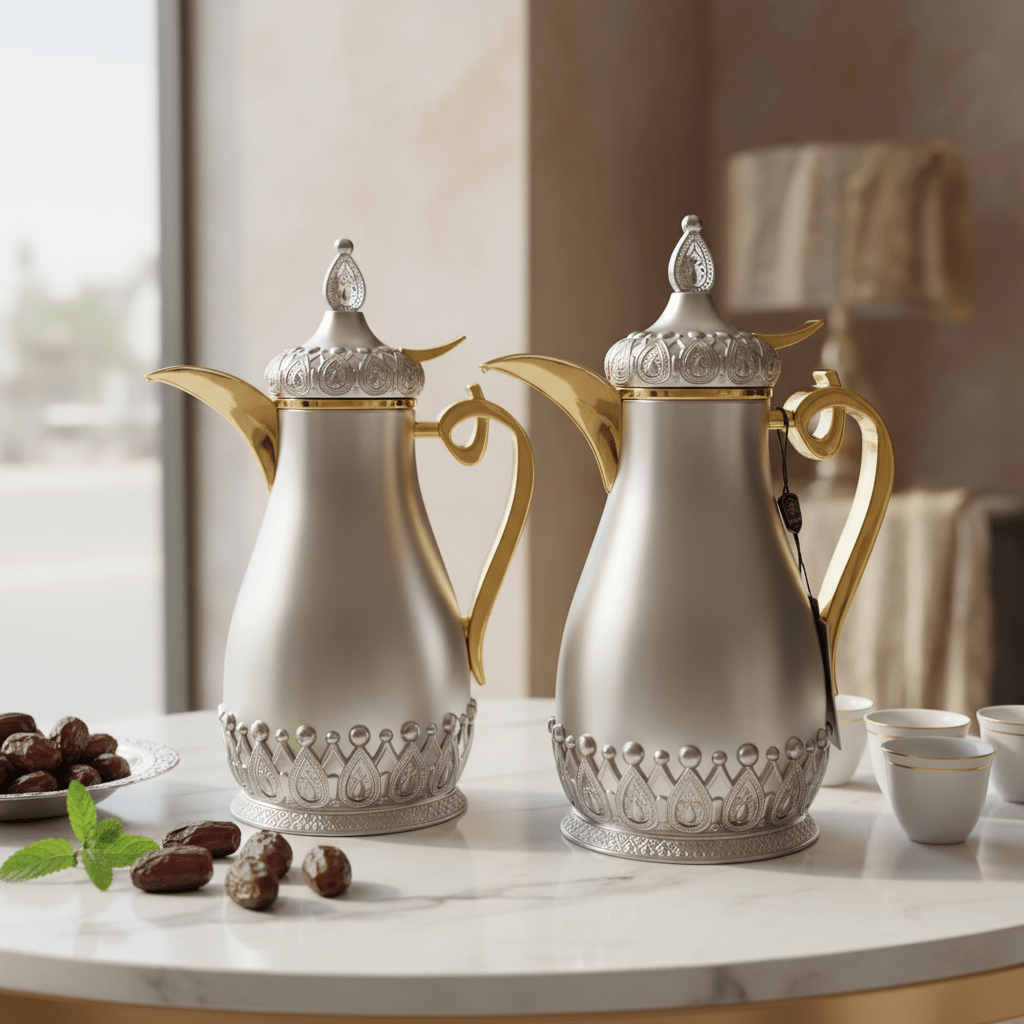 Fursan Premium Vacuum Flask Set – 2 Pieces, 1 Litre Each, Matt Silver with Shiny Gold Finish - Al Kabayel Discount CentreFursan Premium Vacuum Flask Set – 2 Pieces, 1 Litre Each, Matt Silver with Shiny Gold FinishThermosFURSANAl Kabayel Discount Centre