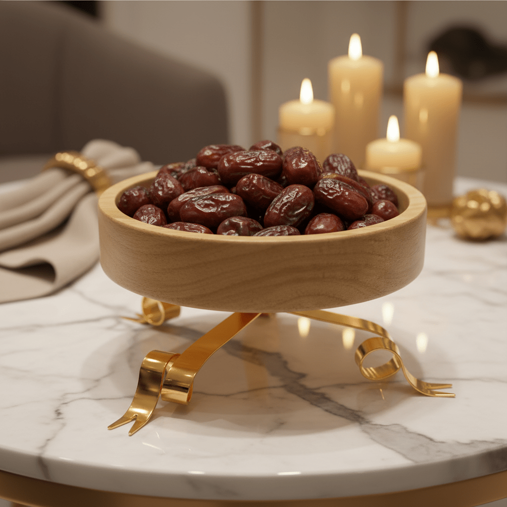 Fursan Wooden Dates Bowl with Gold Metal Base - 25×15 cm - Al Kabayel Discount CentreFursan Wooden Dates Bowl with Gold Metal Base - 25×15 cmServing TraysFURSANAl Kabayel Discount Centre