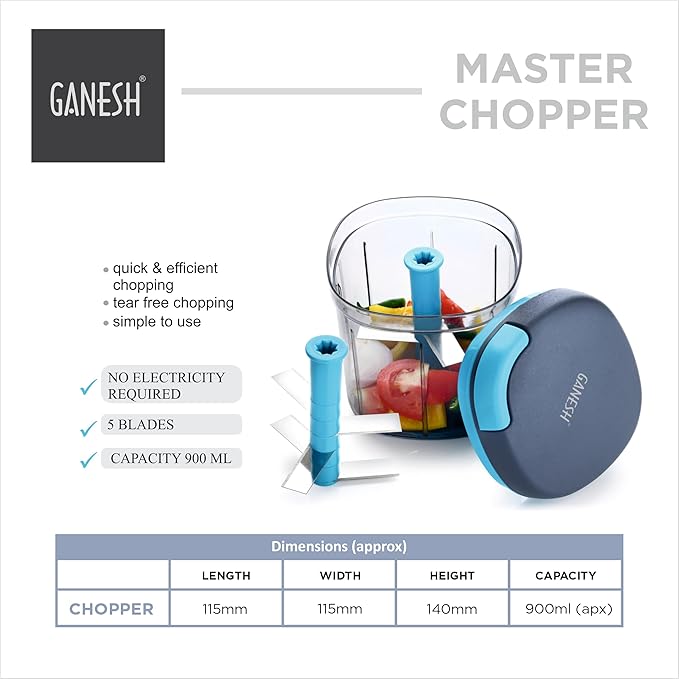 Ganesh Multipurpose Plastic Vegetable Master Chopper with 5 Stainless Steel Blades Blades for Effortlessly Chopping Vegetables and Fruits for Your Kitchen, XL Large Jumbo Chopper (900 Ml) - Al Kabayel Discount CentreGanesh Multipurpose Plastic Vegetable Master Chopper with 5 Stainless Steel Blades Blades for Effortlessly Chopping Vegetables and Fruits for Your Kitchen, XL Large Jumbo Chopper (900 Ml)Kitchen Utensils & GadgetsGANESHAl Kabayel Discount Centre
