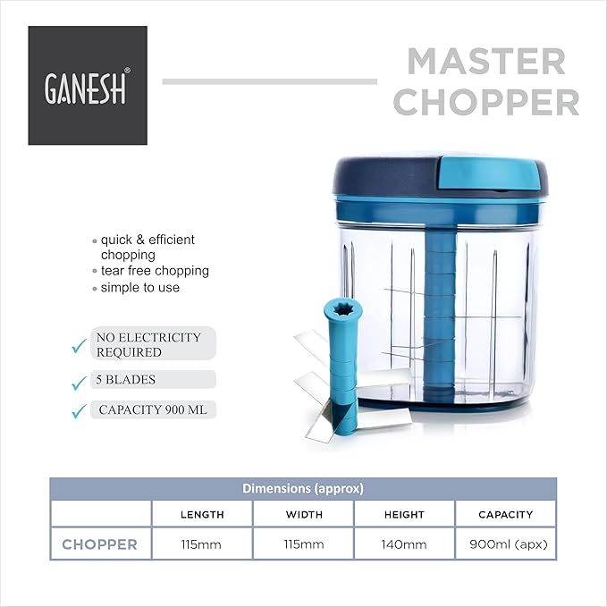 Ganesh Multipurpose Plastic Vegetable Master Chopper with 5 Stainless Steel Blades Blades for Effortlessly Chopping Vegetables and Fruits for Your Kitchen, XL Large Jumbo Chopper (900 Ml) - Al Kabayel Discount CentreGanesh Multipurpose Plastic Vegetable Master Chopper with 5 Stainless Steel Blades Blades for Effortlessly Chopping Vegetables and Fruits for Your Kitchen, XL Large Jumbo Chopper (900 Ml)Kitchen Utensils & GadgetsGANESHAl Kabayel Discount Centre