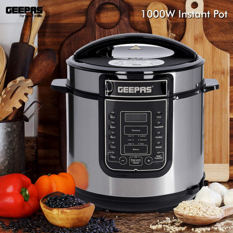 Geepas 1000W 7 - in - 1 Electric Pressure Cooker, Steamer 6L Digital Multicooker – Stainless Steel/Black – 14 Cooking Modes, Automatic Keep Warm & 24 Hours Preset Function - Al Kabayel Discount CentreGeepas 1000W 7 - in - 1 Electric Pressure Cooker, Steamer 6L Digital Multicooker – Stainless Steel/Black – 14 Cooking Modes, Automatic Keep Warm & 24 Hours Preset FunctionElectric CookersGEEPASAl Kabayel Discount Centre