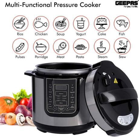 Geepas 1000W 7 - in - 1 Electric Pressure Cooker, Steamer 6L Digital Multicooker – Stainless Steel/Black – 14 Cooking Modes, Automatic Keep Warm & 24 Hours Preset Function - Al Kabayel Discount CentreGeepas 1000W 7 - in - 1 Electric Pressure Cooker, Steamer 6L Digital Multicooker – Stainless Steel/Black – 14 Cooking Modes, Automatic Keep Warm & 24 Hours Preset FunctionElectric CookersGEEPASAl Kabayel Discount Centre