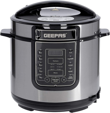 Geepas 1000W 7 - in - 1 Electric Pressure Cooker, Steamer 6L Digital Multicooker – Stainless Steel/Black – 14 Cooking Modes, Automatic Keep Warm & 24 Hours Preset Function - Al Kabayel Discount CentreGeepas 1000W 7 - in - 1 Electric Pressure Cooker, Steamer 6L Digital Multicooker – Stainless Steel/Black – 14 Cooking Modes, Automatic Keep Warm & 24 Hours Preset FunctionElectric CookersGEEPASAl Kabayel Discount Centre