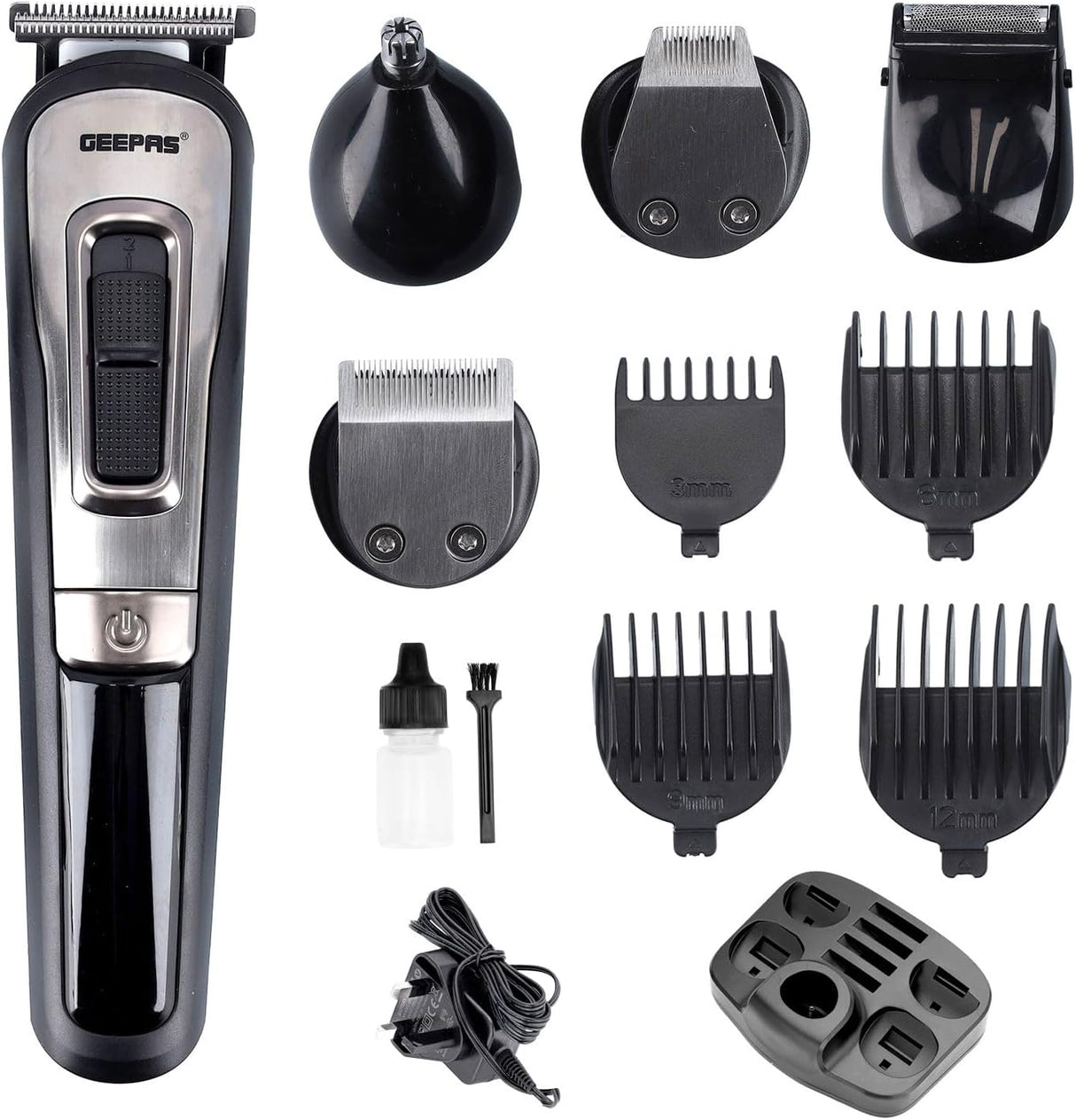 Geepas 11 - IN - 1 Rechargeable Grooming Set - GTR8300| With 6 Interchangeable Heads and 4 Comb Attachments| Includes a Charging Stand| Prefect for Home and Professional Styling| Black - Al Kabayel Discount CentreGeepas 11 - IN - 1 Rechargeable Grooming Set - GTR8300| With 6 Interchangeable Heads and 4 Comb Attachments| Includes a Charging Stand| Prefect for Home and Professional Styling| BlackTrimmerGEEPASAl Kabayel Discount Centre