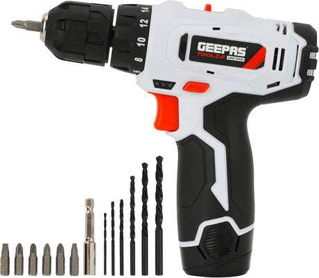 Geepas 12V Cordless Percussion Drill with Hammer Function, 13 Drill Bits & 15+1 Torque Settings, 0–550RPM - Al Kabayel Discount CentreGeepas 12V Cordless Percussion Drill with Hammer Function, 13 Drill Bits & 15+1 Torque Settings, 0–550RPMToolsGEEPASAl Kabayel Discount Centre