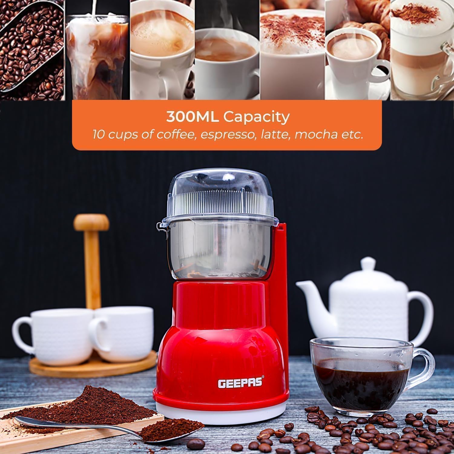 Geepas 150W Electric Coffee Grinder, Stainless Steel Blade, Stainless Steel Cup for Grinding, Overheat Protection, Removable Steel Bowl - GCG5440N - Al Kabayel Discount CentreGeepas 150W Electric Coffee Grinder, Stainless Steel Blade, Stainless Steel Cup for Grinding, Overheat Protection, Removable Steel Bowl - GCG5440NFood & Drink AppliancesGEEPASAl Kabayel Discount Centre