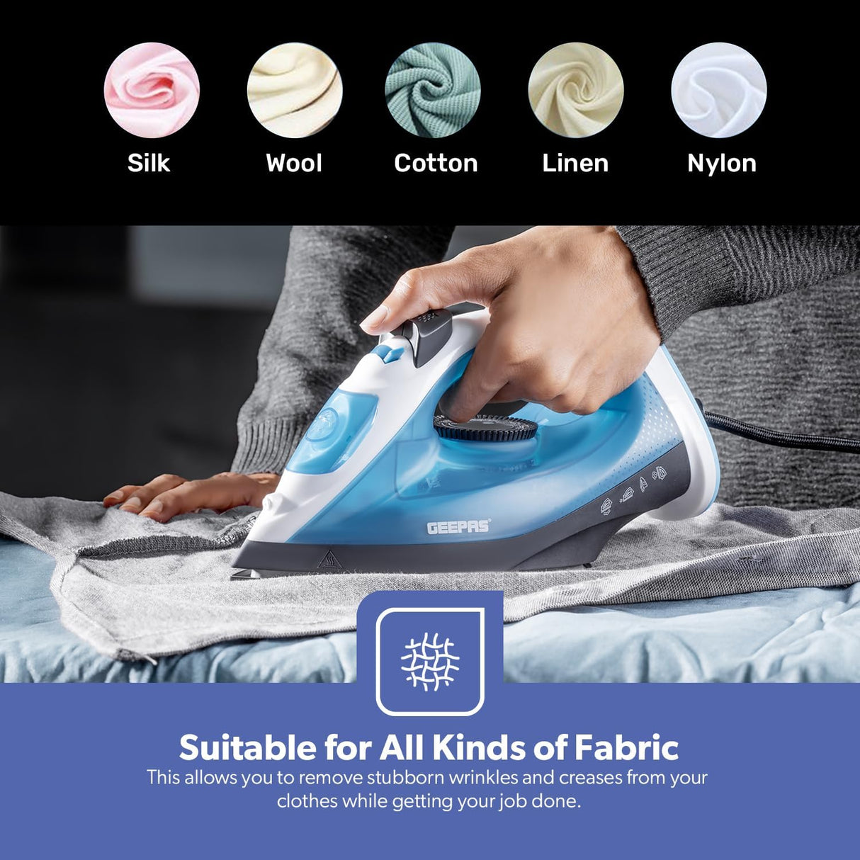 Geepas 1600W Multifunctional Steam Iron for Crisp Ironed Clothes – Non - Stick Soleplate, Wet/Dry Function & with Temperature Control - Al Kabayel Discount CentreGeepas 1600W Multifunctional Steam Iron for Crisp Ironed Clothes – Non - Stick Soleplate, Wet/Dry Function & with Temperature ControlIrons & SteamersGEEPASAl Kabayel Discount Centre