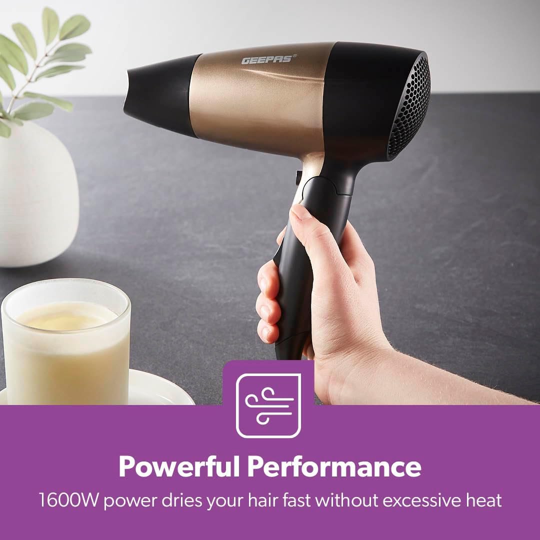 Geepas 1600W Powerful Travel Hair Dryer with Foldable Handle | Fast Drying Result | 2 - Speed & 2 Temperature Settings | Cool Shot Function For Frizz Free Shine & Elegant Concentrator - Al Kabayel Discount CentreGeepas 1600W Powerful Travel Hair Dryer with Foldable Handle | Fast Drying Result | 2 - Speed & 2 Temperature Settings | Cool Shot Function For Frizz Free Shine & Elegant ConcentratorHair DryerGEEPASAl Kabayel Discount Centre