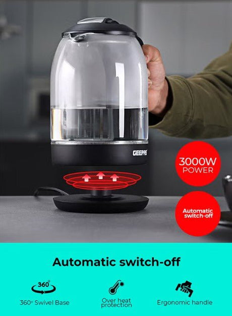 Geepas 1.8 liter Electric Glass Kettle| Boil Dry Protection and Automatic Cut - Off | Perfect for Boiling Water, Milk, Tea| 1500 W Cool Touch Handle, Rotational Base, and Easy Clean Wide Opening GK9901B - Al Kabayel Discount CentreGeepas 1.8 liter Electric Glass Kettle| Boil Dry Protection and Automatic Cut - Off | Perfect for Boiling Water, Milk, Tea| 1500 W Cool Touch Handle, Rotational Base, and Easy Clean Wide Opening GK9901BElectric KettlesGEEPASAl Kabayel Discount Centre