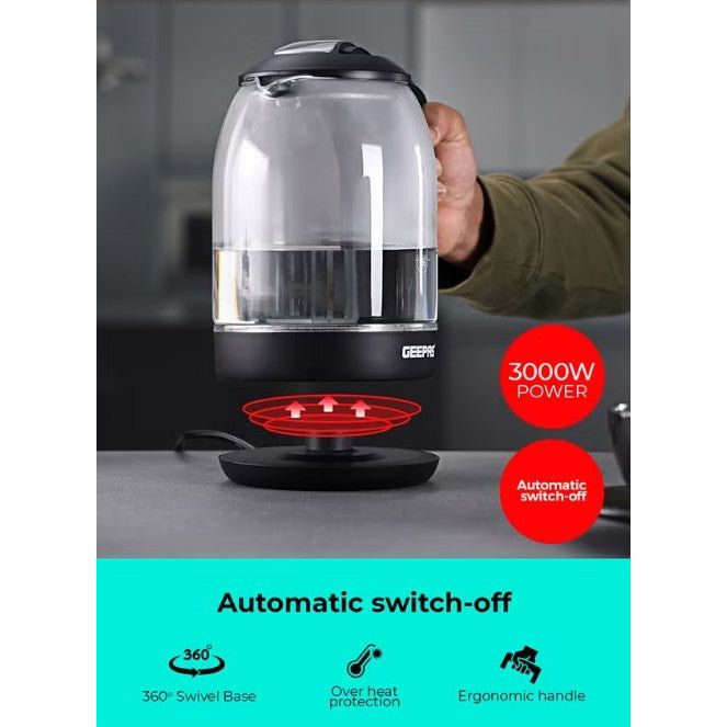Geepas 1.8 liter Electric Glass Kettle| Boil Dry Protection and Automatic Cut - Off | Perfect for Boiling Water, Milk, Tea| 1500 W Cool Touch Handle, Rotational Base, and Easy Clean Wide Opening GK9901B - Al Kabayel Discount CentreGeepas 1.8 liter Electric Glass Kettle| Boil Dry Protection and Automatic Cut - Off | Perfect for Boiling Water, Milk, Tea| 1500 W Cool Touch Handle, Rotational Base, and Easy Clean Wide Opening GK9901BElectric KettlesGEEPASAl Kabayel Discount Centre