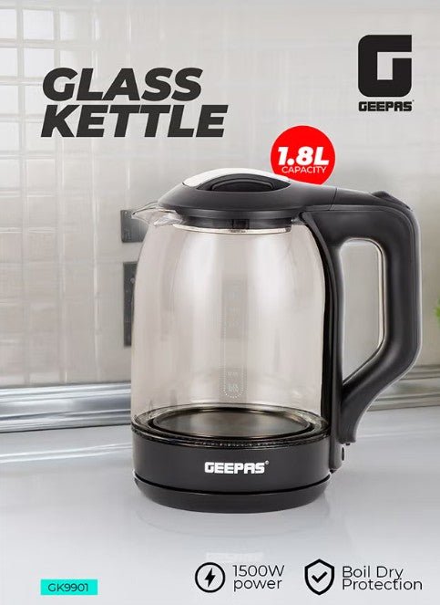 Geepas 1.8 liter Electric Glass Kettle| Boil Dry Protection and Automatic Cut - Off | Perfect for Boiling Water, Milk, Tea| 1500 W Cool Touch Handle, Rotational Base, and Easy Clean Wide Opening GK9901B - Al Kabayel Discount CentreGeepas 1.8 liter Electric Glass Kettle| Boil Dry Protection and Automatic Cut - Off | Perfect for Boiling Water, Milk, Tea| 1500 W Cool Touch Handle, Rotational Base, and Easy Clean Wide Opening GK9901BElectric KettlesGEEPASAl Kabayel Discount Centre