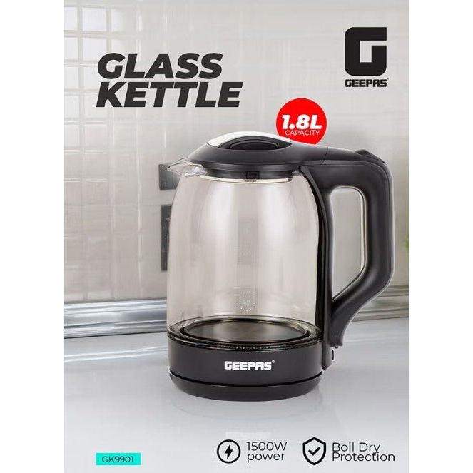 Geepas 1.8 liter Electric Glass Kettle| Boil Dry Protection and Automatic Cut - Off | Perfect for Boiling Water, Milk, Tea| 1500 W Cool Touch Handle, Rotational Base, and Easy Clean Wide Opening GK9901B - Al Kabayel Discount CentreGeepas 1.8 liter Electric Glass Kettle| Boil Dry Protection and Automatic Cut - Off | Perfect for Boiling Water, Milk, Tea| 1500 W Cool Touch Handle, Rotational Base, and Easy Clean Wide Opening GK9901BElectric KettlesGEEPASAl Kabayel Discount Centre