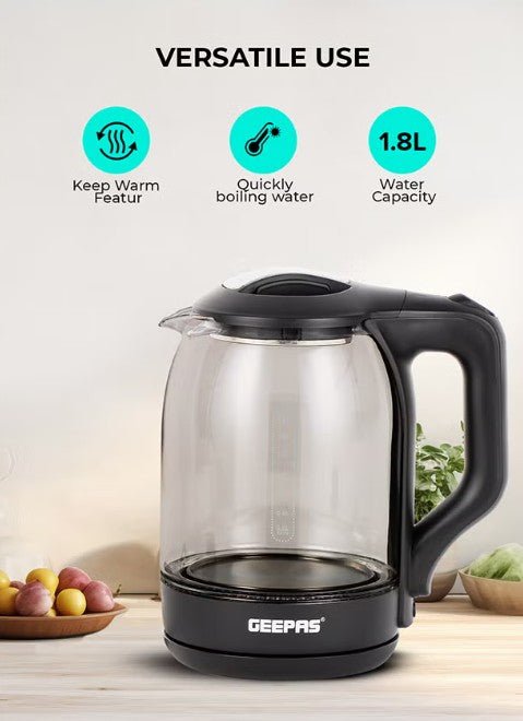Geepas 1.8 liter Electric Glass Kettle| Boil Dry Protection and Automatic Cut - Off | Perfect for Boiling Water, Milk, Tea| 1500 W Cool Touch Handle, Rotational Base, and Easy Clean Wide Opening GK9901B - Al Kabayel Discount CentreGeepas 1.8 liter Electric Glass Kettle| Boil Dry Protection and Automatic Cut - Off | Perfect for Boiling Water, Milk, Tea| 1500 W Cool Touch Handle, Rotational Base, and Easy Clean Wide Opening GK9901BElectric KettlesGEEPASAl Kabayel Discount Centre