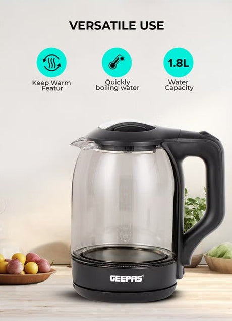 Geepas 1.8 liter Electric Glass Kettle| Boil Dry Protection and Automatic Cut - Off | Perfect for Boiling Water, Milk, Tea| 1500 W Cool Touch Handle, Rotational Base, and Easy Clean Wide Opening GK9901B - Al Kabayel Discount CentreGeepas 1.8 liter Electric Glass Kettle| Boil Dry Protection and Automatic Cut - Off | Perfect for Boiling Water, Milk, Tea| 1500 W Cool Touch Handle, Rotational Base, and Easy Clean Wide Opening GK9901BElectric KettlesGEEPASAl Kabayel Discount Centre