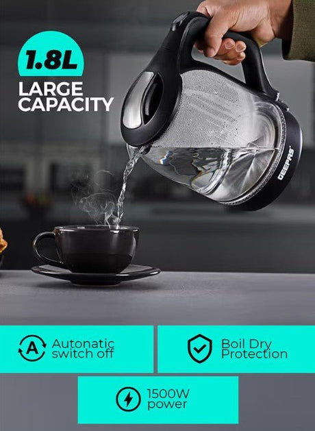 Geepas 1.8 liter Electric Glass Kettle| Boil Dry Protection and Automatic Cut - Off | Perfect for Boiling Water, Milk, Tea| 1500 W Cool Touch Handle, Rotational Base, and Easy Clean Wide Opening GK9901B - Al Kabayel Discount CentreGeepas 1.8 liter Electric Glass Kettle| Boil Dry Protection and Automatic Cut - Off | Perfect for Boiling Water, Milk, Tea| 1500 W Cool Touch Handle, Rotational Base, and Easy Clean Wide Opening GK9901BElectric KettlesGEEPASAl Kabayel Discount Centre
