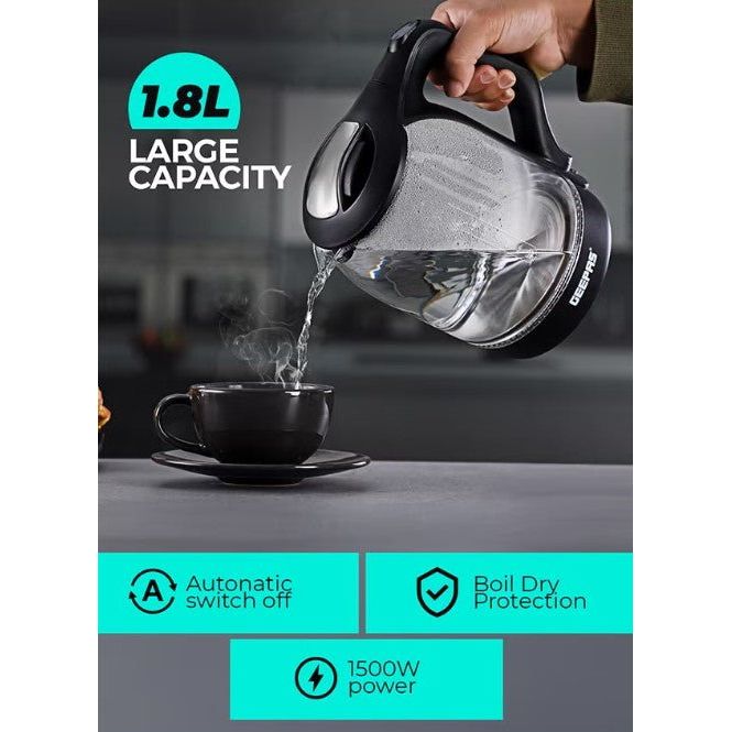 Geepas 1.8 liter Electric Glass Kettle| Boil Dry Protection and Automatic Cut - Off | Perfect for Boiling Water, Milk, Tea| 1500 W Cool Touch Handle, Rotational Base, and Easy Clean Wide Opening GK9901B - Al Kabayel Discount CentreGeepas 1.8 liter Electric Glass Kettle| Boil Dry Protection and Automatic Cut - Off | Perfect for Boiling Water, Milk, Tea| 1500 W Cool Touch Handle, Rotational Base, and Easy Clean Wide Opening GK9901BElectric KettlesGEEPASAl Kabayel Discount Centre