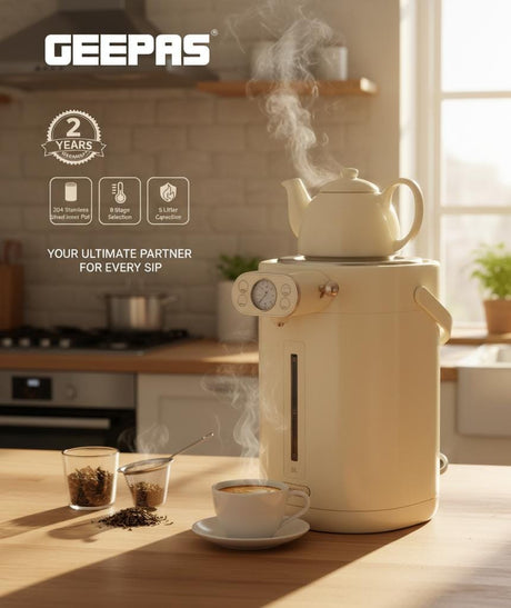 GEEPAS 5L Electric Thermo Pot GEV27026 – 8 - Stage Temperature Control Hot Water Dispenser, Large Capacity Boiler with Safety Lock, Ideal for Tea, Coffee, Soups & Instant Meals - Al Kabayel Discount CentreGEEPAS 5L Electric Thermo Pot GEV27026 – 8 - Stage Temperature Control Hot Water Dispenser, Large Capacity Boiler with Safety Lock, Ideal for Tea, Coffee, Soups & Instant MealsFood & Drink AppliancesGEEPASAl Kabayel Discount Centre