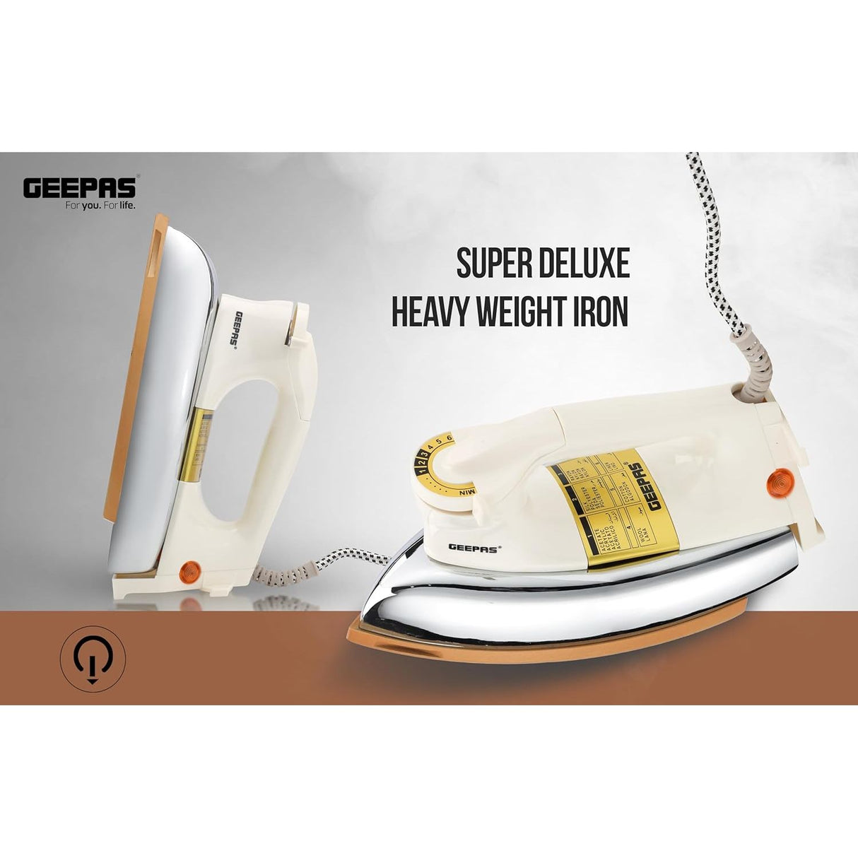 Geepas Automatic Dry Iron - GDI23011| Iron Box with Temperature Settings Dial and Auto Shut Off Function|Suitable for All Kinds of Fabric|7 Years Warranty, White and golden - Al Kabayel Dicount CenterGeepas Automatic Dry Iron - GDI23011| Iron Box with Temperature Settings Dial and Auto Shut Off Function|Suitable for All Kinds of Fabric|7 Years Warranty, White and goldenIrons, Steamers & AccessoriesgeepassAl Kabayel Dicount Center