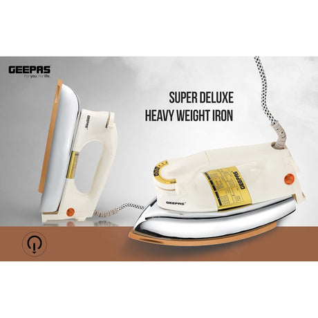 Geepas Automatic Dry Iron - GDI23011| Iron Box with Temperature Settings Dial and Auto Shut Off Function|Suitable for All Kinds of Fabric|7 Years Warranty, White and golden - Al Kabayel Dicount CenterGeepas Automatic Dry Iron - GDI23011| Iron Box with Temperature Settings Dial and Auto Shut Off Function|Suitable for All Kinds of Fabric|7 Years Warranty, White and goldenIrons, Steamers & AccessoriesgeepassAl Kabayel Dicount Center