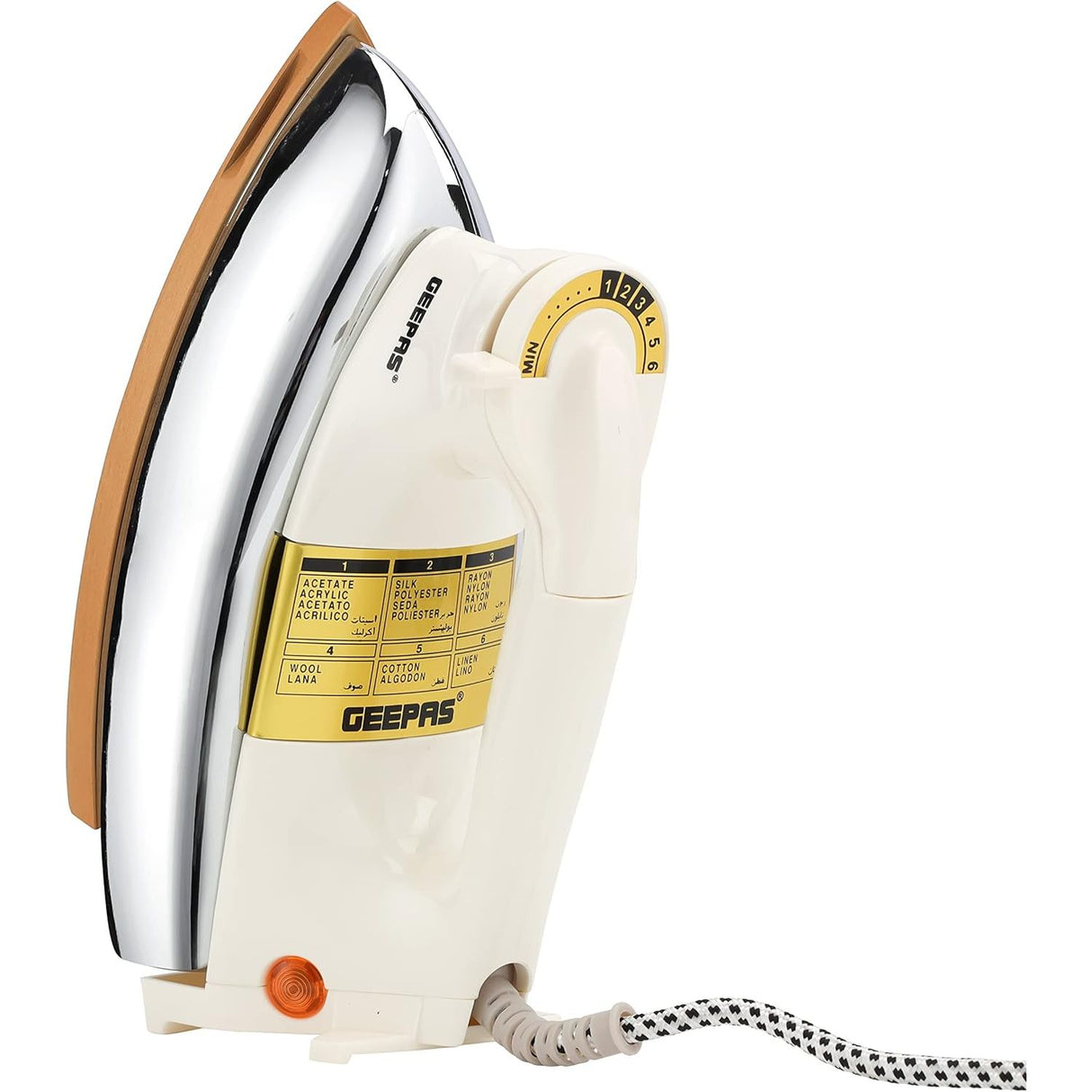 Geepas Automatic Dry Iron - GDI23011| Iron Box with Temperature Settings Dial and Auto Shut Off Function|Suitable for All Kinds of Fabric|7 Years Warranty, White and golden - Al Kabayel Dicount CenterGeepas Automatic Dry Iron - GDI23011| Iron Box with Temperature Settings Dial and Auto Shut Off Function|Suitable for All Kinds of Fabric|7 Years Warranty, White and goldenIrons, Steamers & AccessoriesgeepassAl Kabayel Dicount Center