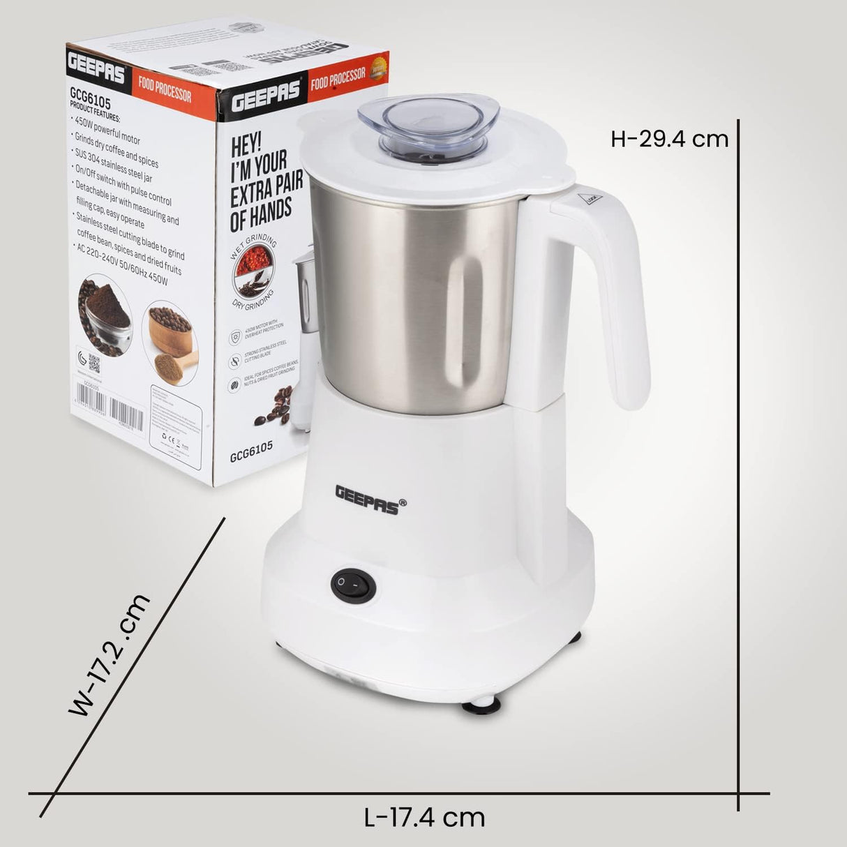 Geepas Coffee Grinder GCG6105 - 450W Electric Grinder | Separate Stainless Steel Blades for Coffee Beans, Spices & Dried Nuts Grinding | Detachable Bowl |Large Capacity Mill - Al Kabayel Discount CentreGeepas Coffee Grinder GCG6105 - 450W Electric Grinder | Separate Stainless Steel Blades for Coffee Beans, Spices & Dried Nuts Grinding | Detachable Bowl |Large Capacity MillBlenders, Mixers & Food ProcessorsGEEPASAl Kabayel Discount Centre