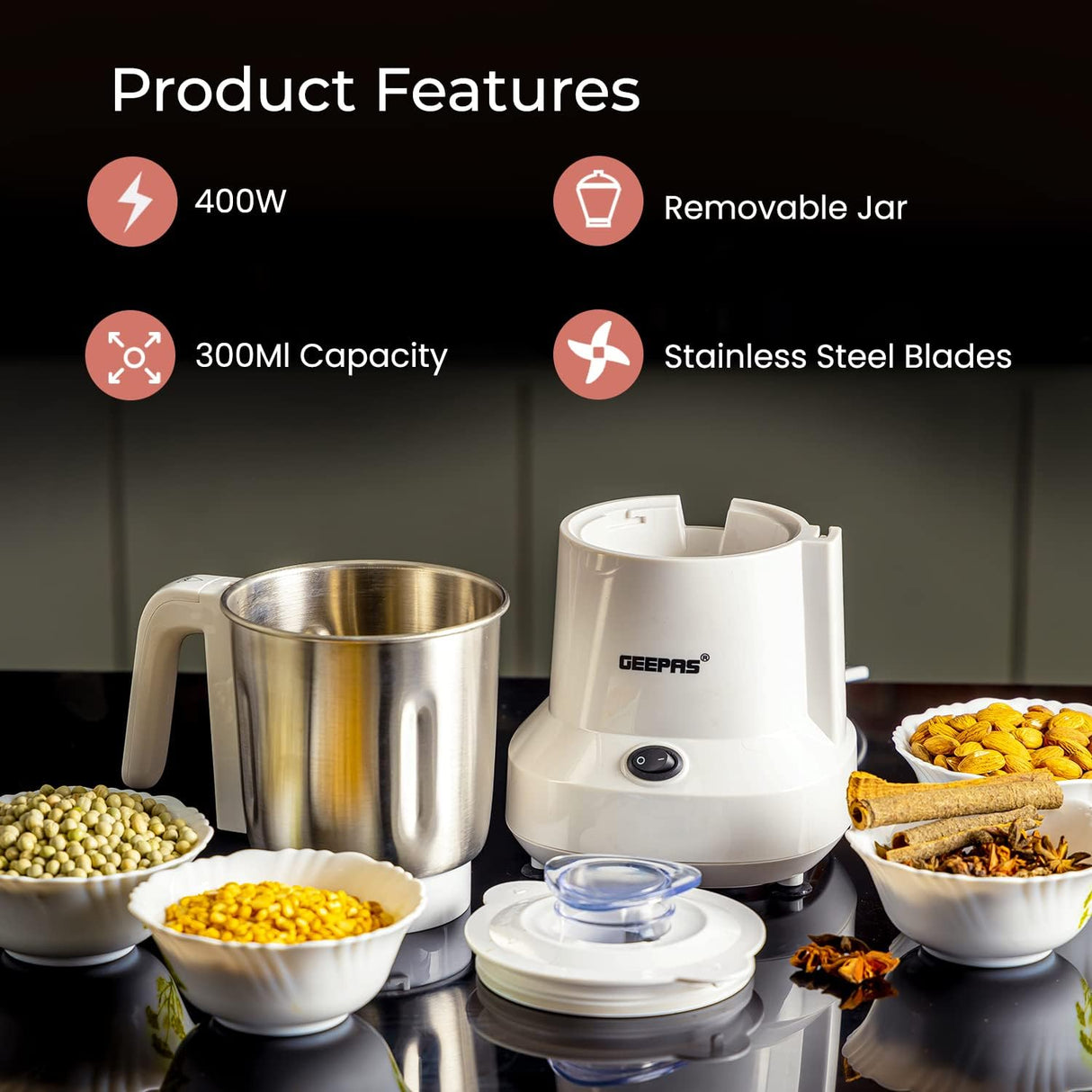 Geepas Coffee Grinder GCG6105 - 450W Electric Grinder | Separate Stainless Steel Blades for Coffee Beans, Spices & Dried Nuts Grinding | Detachable Bowl |Large Capacity Mill - Al Kabayel Dicount CenterGeepas Coffee Grinder GCG6105 - 450W Electric Grinder | Separate Stainless Steel Blades for Coffee Beans, Spices & Dried Nuts Grinding | Detachable Bowl |Large Capacity MillElectric Blade GrindersgeepassAl Kabayel Dicount Center