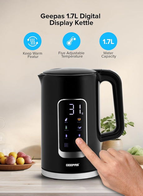 Geepas Double Layer Kettle, Black, GK38052|1.7L Digital Display Kettle Dry Boiling Protecction/Quick Boil Water, Tea and Coffee Maker - 2200 Watts - Al Kabayel Discount CentreGeepas Double Layer Kettle, Black, GK38052|1.7L Digital Display Kettle Dry Boiling Protecction/Quick Boil Water, Tea and Coffee Maker - 2200 WattsElectric KettlesGEEPASAl Kabayel Discount Centre