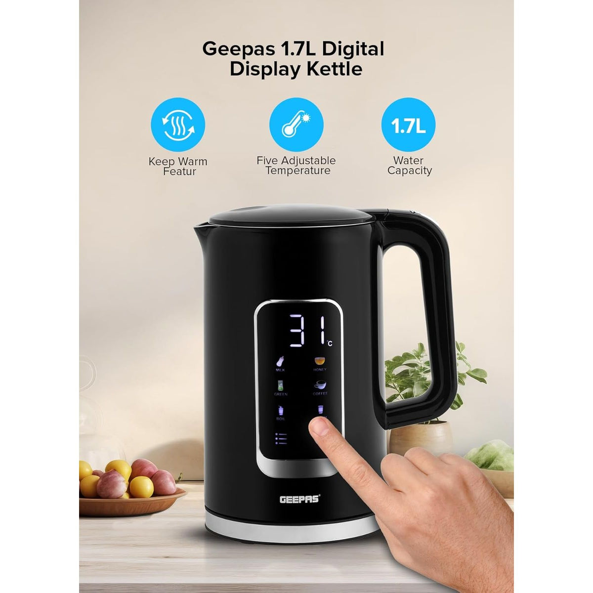 Geepas Double Layer Kettle, Black, GK38052|1.7L Digital Display Kettle Dry Boiling Protecction/Quick Boil Water, Tea and Coffee Maker - 2200 Watts - Al Kabayel Discount CentreGeepas Double Layer Kettle, Black, GK38052|1.7L Digital Display Kettle Dry Boiling Protecction/Quick Boil Water, Tea and Coffee Maker - 2200 WattsElectric KettlesGEEPASAl Kabayel Discount Centre