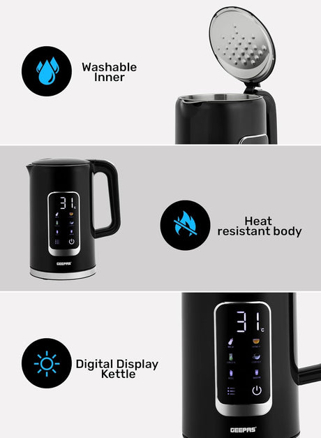 Geepas Double Layer Kettle, Black, GK38052|1.7L Digital Display Kettle Dry Boiling Protecction/Quick Boil Water, Tea and Coffee Maker - 2200 Watts - Al Kabayel Discount CentreGeepas Double Layer Kettle, Black, GK38052|1.7L Digital Display Kettle Dry Boiling Protecction/Quick Boil Water, Tea and Coffee Maker - 2200 WattsElectric KettlesGEEPASAl Kabayel Discount Centre