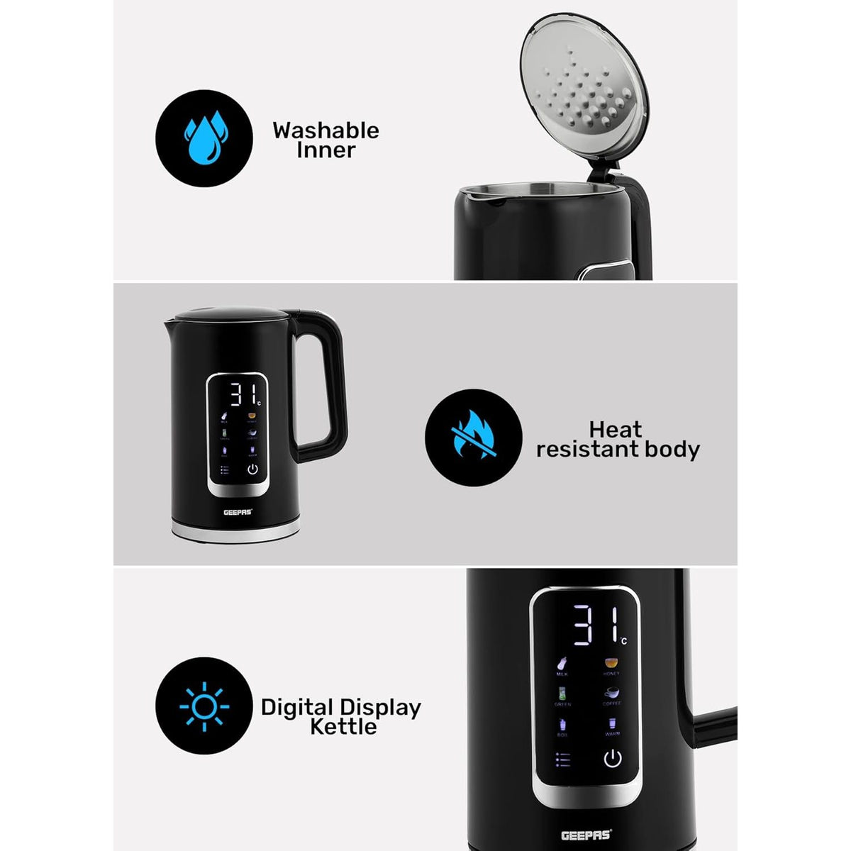 Geepas Double Layer Kettle, Black, GK38052|1.7L Digital Display Kettle Dry Boiling Protecction/Quick Boil Water, Tea and Coffee Maker - 2200 Watts - Al Kabayel Discount CentreGeepas Double Layer Kettle, Black, GK38052|1.7L Digital Display Kettle Dry Boiling Protecction/Quick Boil Water, Tea and Coffee Maker - 2200 WattsElectric KettlesGEEPASAl Kabayel Discount Centre