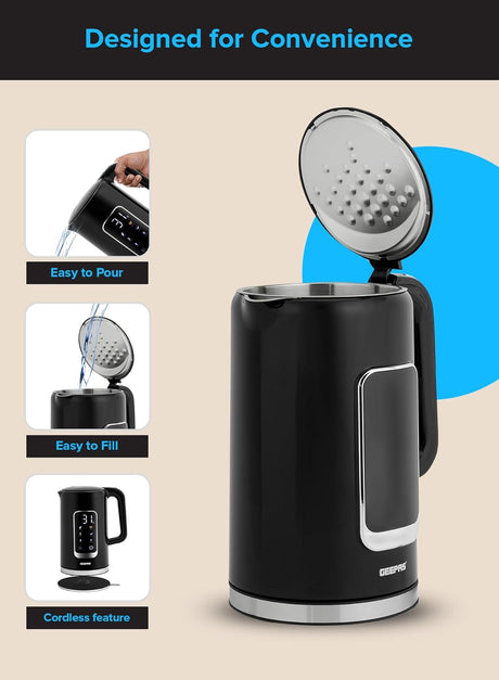 Geepas Double Layer Kettle, Black, GK38052|1.7L Digital Display Kettle Dry Boiling Protecction/Quick Boil Water, Tea and Coffee Maker - 2200 Watts - Al Kabayel Discount CentreGeepas Double Layer Kettle, Black, GK38052|1.7L Digital Display Kettle Dry Boiling Protecction/Quick Boil Water, Tea and Coffee Maker - 2200 WattsElectric KettlesGEEPASAl Kabayel Discount Centre