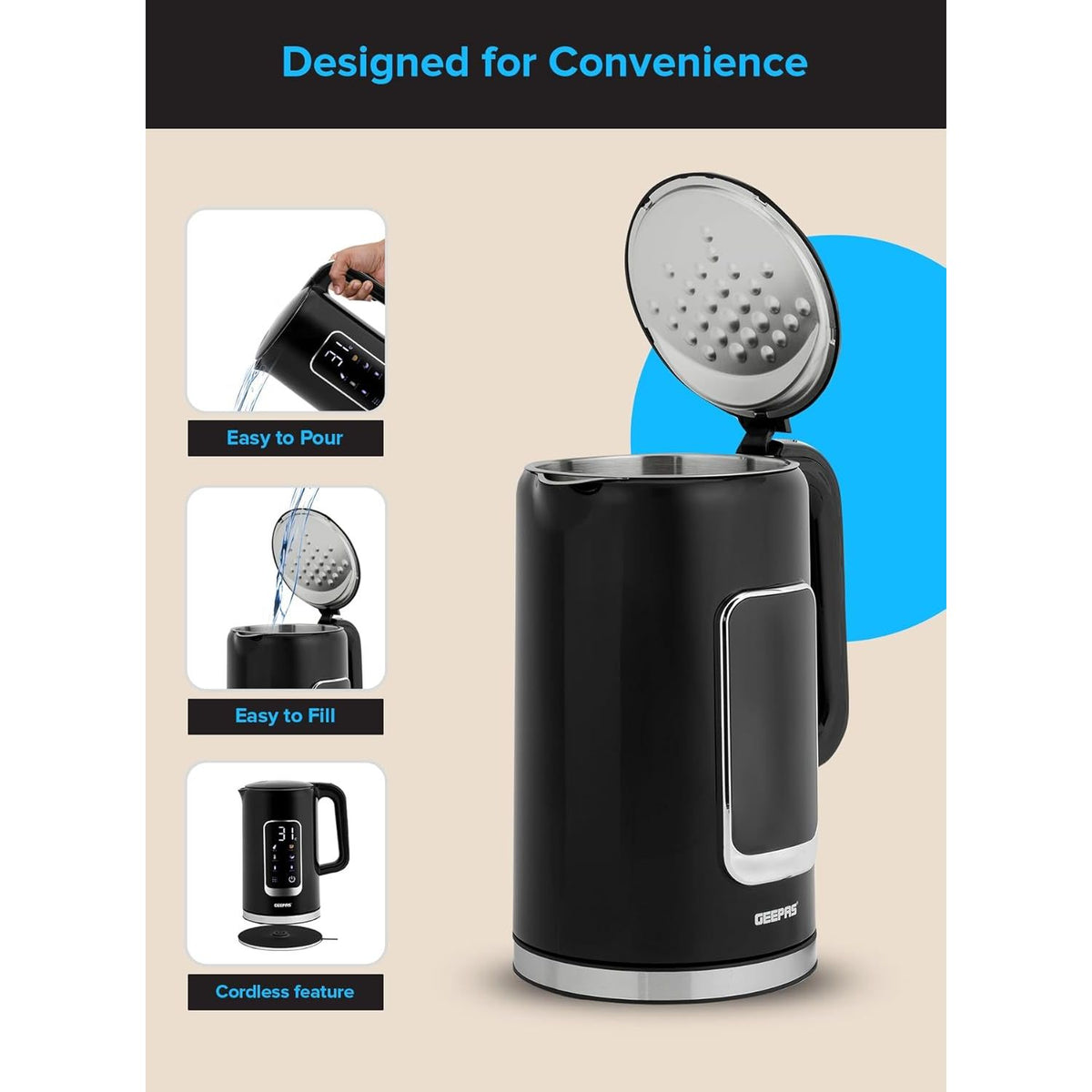 Geepas Double Layer Kettle, Black, GK38052|1.7L Digital Display Kettle Dry Boiling Protecction/Quick Boil Water, Tea and Coffee Maker - 2200 Watts - Al Kabayel Discount CentreGeepas Double Layer Kettle, Black, GK38052|1.7L Digital Display Kettle Dry Boiling Protecction/Quick Boil Water, Tea and Coffee Maker - 2200 WattsElectric KettlesGEEPASAl Kabayel Discount Centre