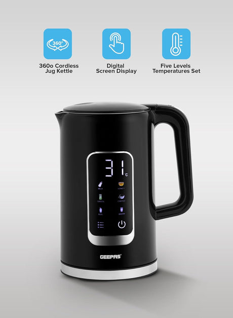 Geepas Double Layer Kettle, Black, GK38052|1.7L Digital Display Kettle Dry Boiling Protecction/Quick Boil Water, Tea and Coffee Maker - 2200 Watts - Al Kabayel Discount CentreGeepas Double Layer Kettle, Black, GK38052|1.7L Digital Display Kettle Dry Boiling Protecction/Quick Boil Water, Tea and Coffee Maker - 2200 WattsElectric KettlesGEEPASAl Kabayel Discount Centre