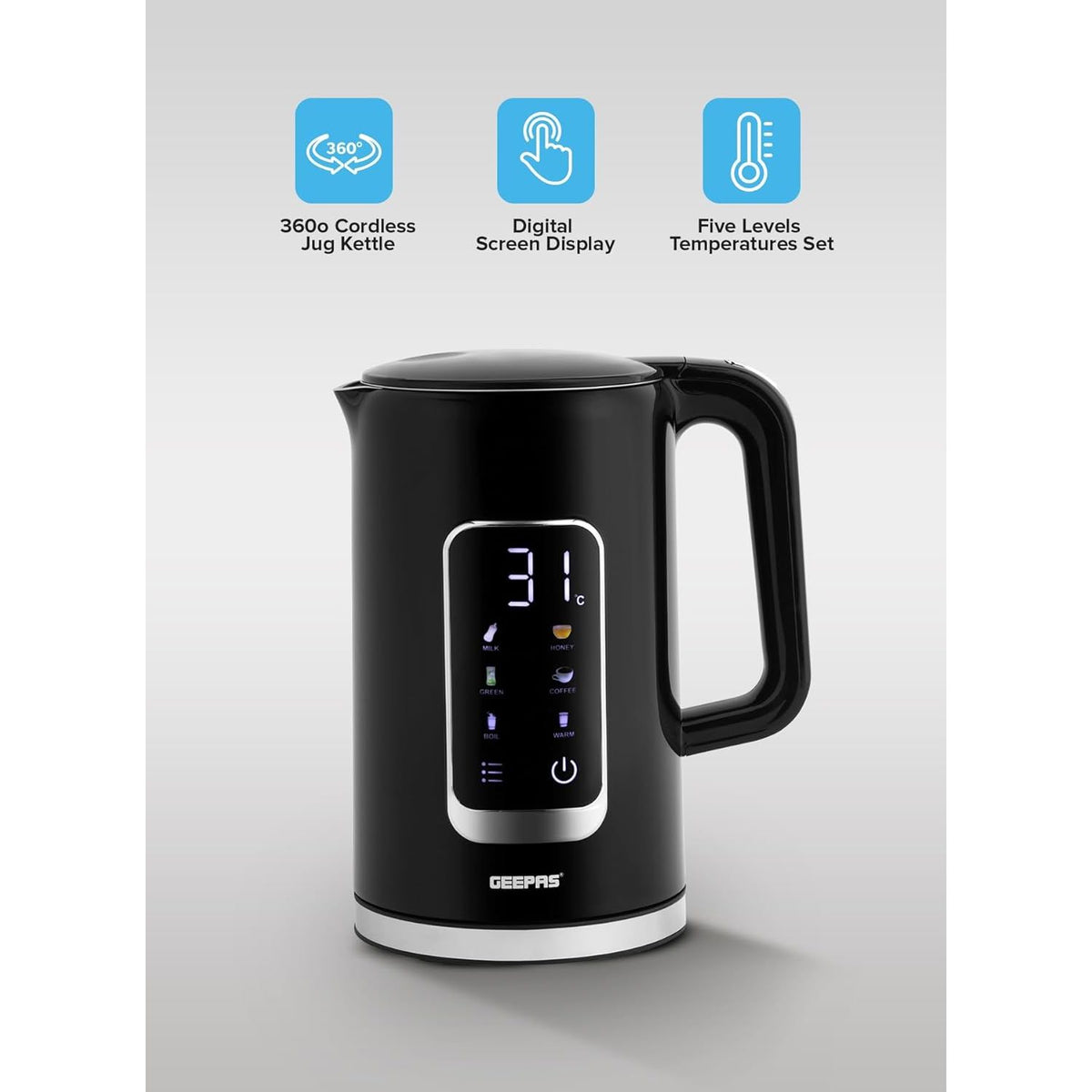 Geepas Double Layer Kettle, Black, GK38052|1.7L Digital Display Kettle Dry Boiling Protecction/Quick Boil Water, Tea and Coffee Maker - 2200 Watts - Al Kabayel Discount CentreGeepas Double Layer Kettle, Black, GK38052|1.7L Digital Display Kettle Dry Boiling Protecction/Quick Boil Water, Tea and Coffee Maker - 2200 WattsElectric KettlesGEEPASAl Kabayel Discount Centre
