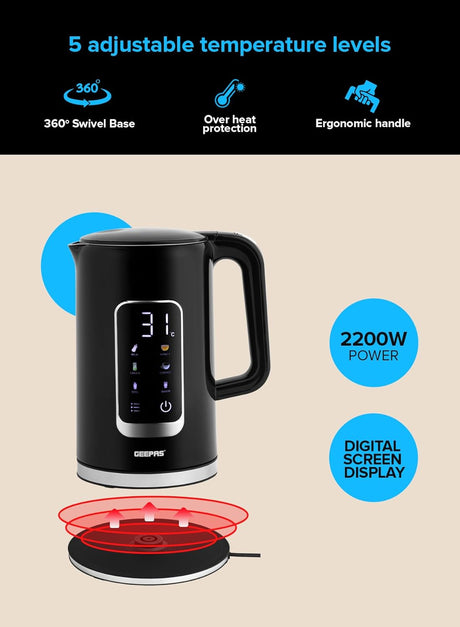 Geepas Double Layer Kettle, Black, GK38052|1.7L Digital Display Kettle Dry Boiling Protecction/Quick Boil Water, Tea and Coffee Maker - 2200 Watts - Al Kabayel Discount CentreGeepas Double Layer Kettle, Black, GK38052|1.7L Digital Display Kettle Dry Boiling Protecction/Quick Boil Water, Tea and Coffee Maker - 2200 WattsElectric KettlesGEEPASAl Kabayel Discount Centre