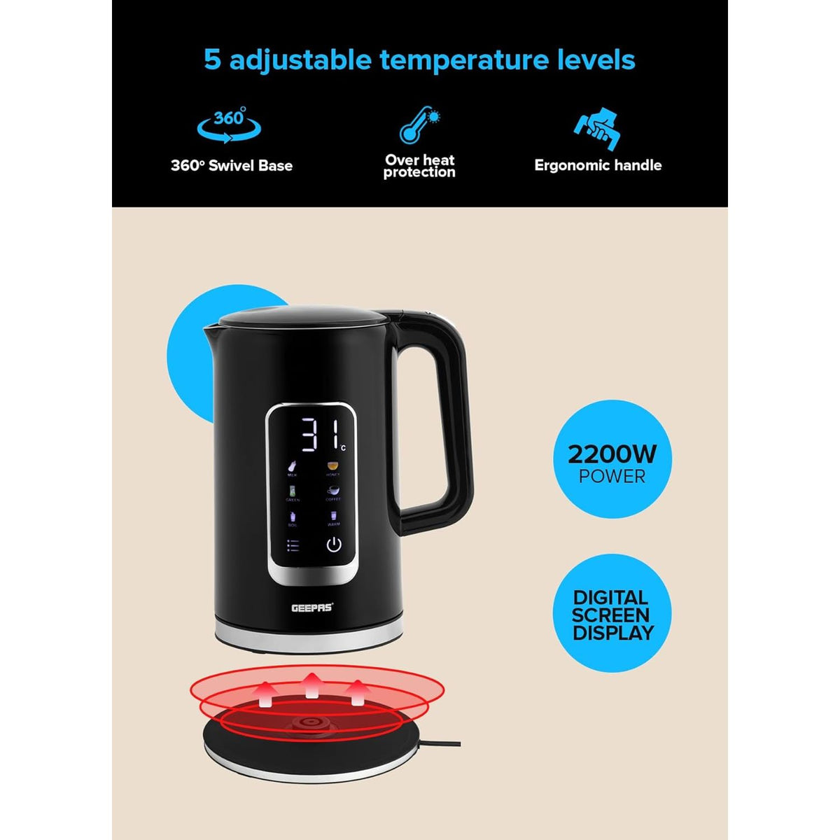 Geepas Double Layer Kettle, Black, GK38052|1.7L Digital Display Kettle Dry Boiling Protecction/Quick Boil Water, Tea and Coffee Maker - 2200 Watts - Al Kabayel Discount CentreGeepas Double Layer Kettle, Black, GK38052|1.7L Digital Display Kettle Dry Boiling Protecction/Quick Boil Water, Tea and Coffee Maker - 2200 WattsElectric KettlesGEEPASAl Kabayel Discount Centre