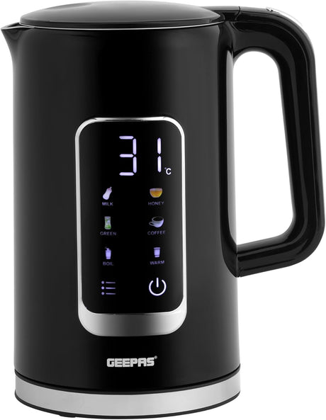 Geepas Double Layer Kettle, Black, GK38052|1.7L Digital Display Kettle Dry Boiling Protecction/Quick Boil Water, Tea and Coffee Maker - 2200 Watts - Al Kabayel Discount CentreGeepas Double Layer Kettle, Black, GK38052|1.7L Digital Display Kettle Dry Boiling Protecction/Quick Boil Water, Tea and Coffee Maker - 2200 WattsElectric KettlesGEEPASAl Kabayel Discount Centre