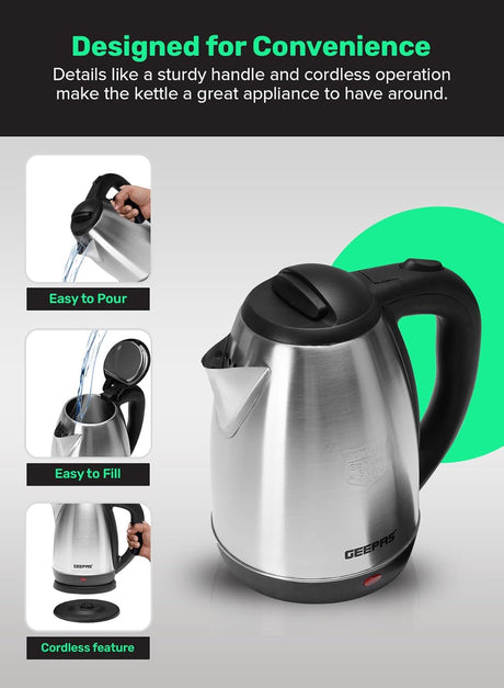 Geepas Electric Tea Kettle 1.8 L, Auto Shut Off And Boil Dry Protection, Safety Lock Lid, 360 Degree Rotational Base, Stainless Steel, Ergonomic Handle, Perfect Pour, Large Capacity 1.8 L 1500 W GK5454B - Al Kabayel Discount CentreGeepas Electric Tea Kettle 1.8 L, Auto Shut Off And Boil Dry Protection, Safety Lock Lid, 360 Degree Rotational Base, Stainless Steel, Ergonomic Handle, Perfect Pour, Large Capacity 1.8 L 1500 W GK5454BElectric KettlesGEEPASAl Kabayel Discount Centre