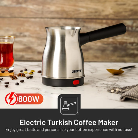 GEEPAS Electric Turkish Coffee Maker 0.8L GK38050 – Stainless Steel Coffee Kettle with 360° Rotational Base, Food - Grade Safe, Non - Automatic Cut Off, Perfect for Home & Office Use - Al Kabayel Discount CentreGEEPAS Electric Turkish Coffee Maker 0.8L GK38050 – Stainless Steel Coffee Kettle with 360° Rotational Base, Food - Grade Safe, Non - Automatic Cut Off, Perfect for Home & Office UseFood & Drink AppliancesGEEPASAl Kabayel Discount Centre