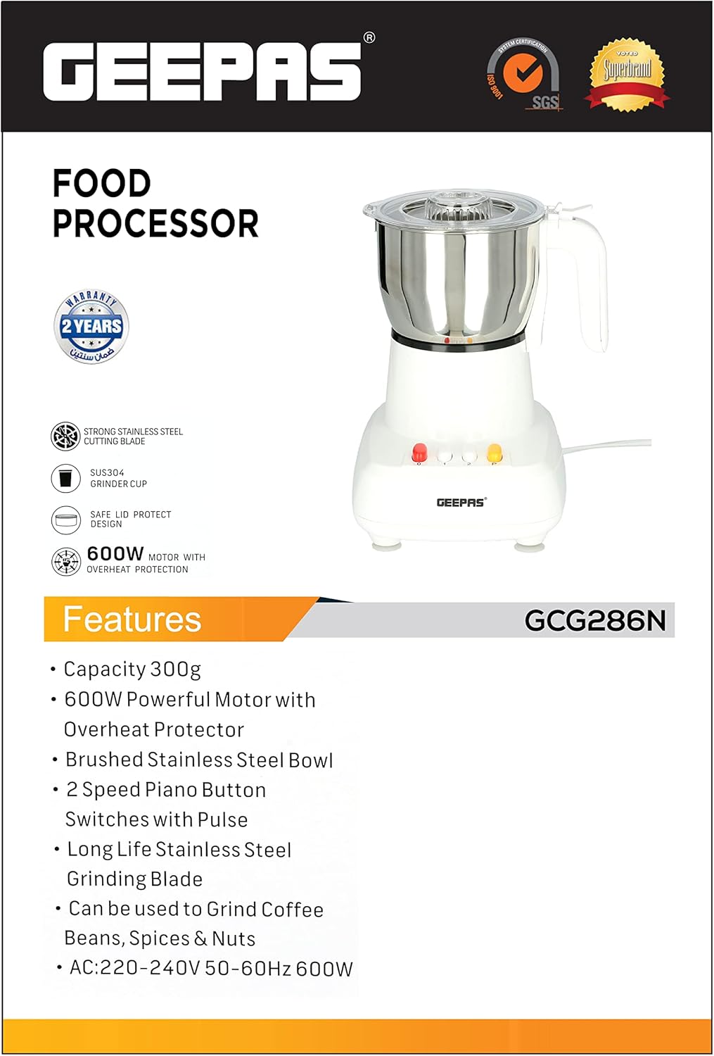 Geepas Food Processor, Stainless Steel Cutting Blade, GCG286 | Transparent Lid | 600W Motor with Overheat Protection | Ideal for Coffee Beans, Spices, & Dried Nuts Grinding - Al Kabayel Discount CentreGeepas Food Processor, Stainless Steel Cutting Blade, GCG286 | Transparent Lid | 600W Motor with Overheat Protection | Ideal for Coffee Beans, Spices, & Dried Nuts GrindingBlenders, Mixers & Food ProcessorsGEEPASAl Kabayel Discount Centre
